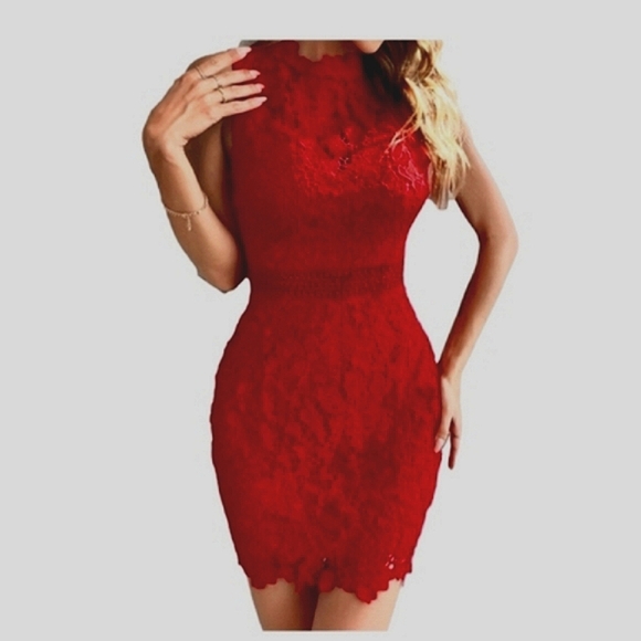Eilly Bazar Red Lace Dress Small Mock Neck Sleeveless Fitted Mini Zippered Back - Picture 1 of 4